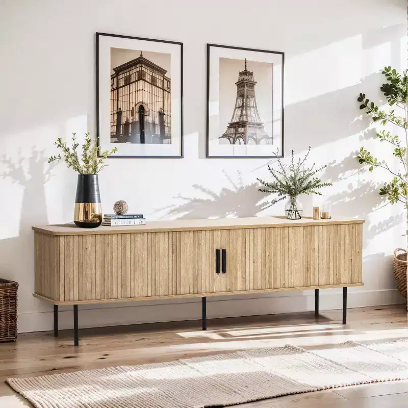 LuxenHome 62.6 Modern TV Stand with Storage for TVs Up to 65 Inch, Oak Entertainment Console with Sliding Doors Brown