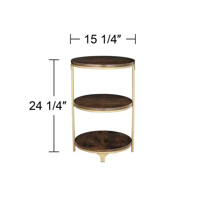 Studio 55D Keanu Farmhouse Rustic Bronze Round Accent Side End Table 15 1/4 Wide with 3-Shelf Brown Wood Tabletop for Living Room