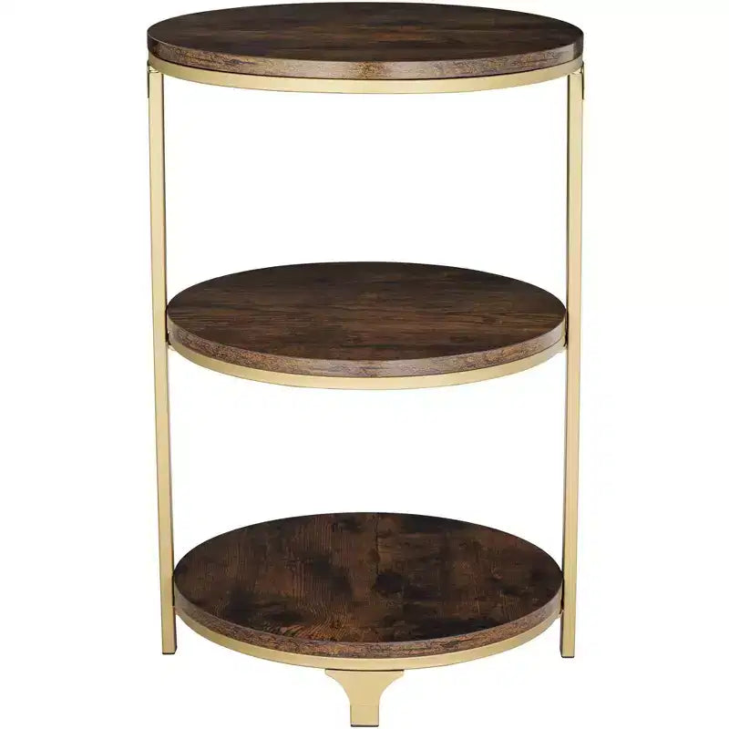 Studio 55D Keanu Farmhouse Rustic Bronze Round Accent Side End Table 15 1/4 Wide with 3-Shelf Brown Wood Tabletop for Living Room