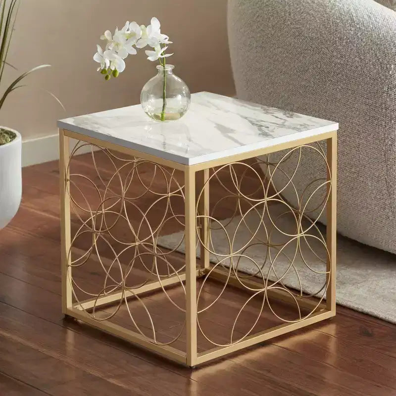 Studio 55D Karin Modern Glam Square Accent Side End Table 17 Wide Gold White Faux Marble Tabletop for Living Room Bedroom Bedside