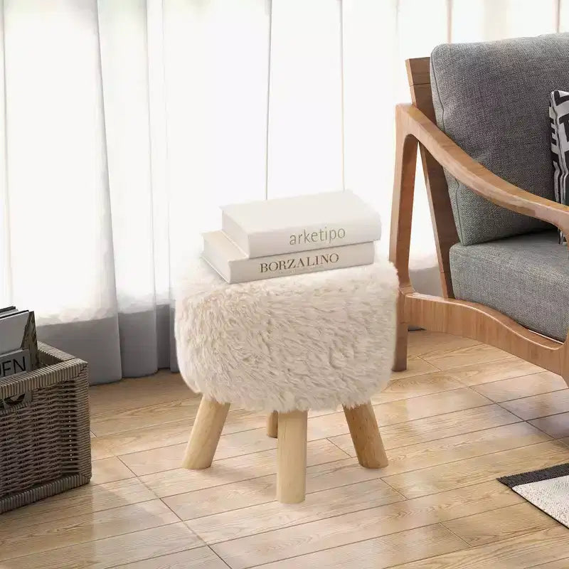 Costway Pouf Rond en Fausse Fourrure Rembourré avec Siège capitonné Blanc
