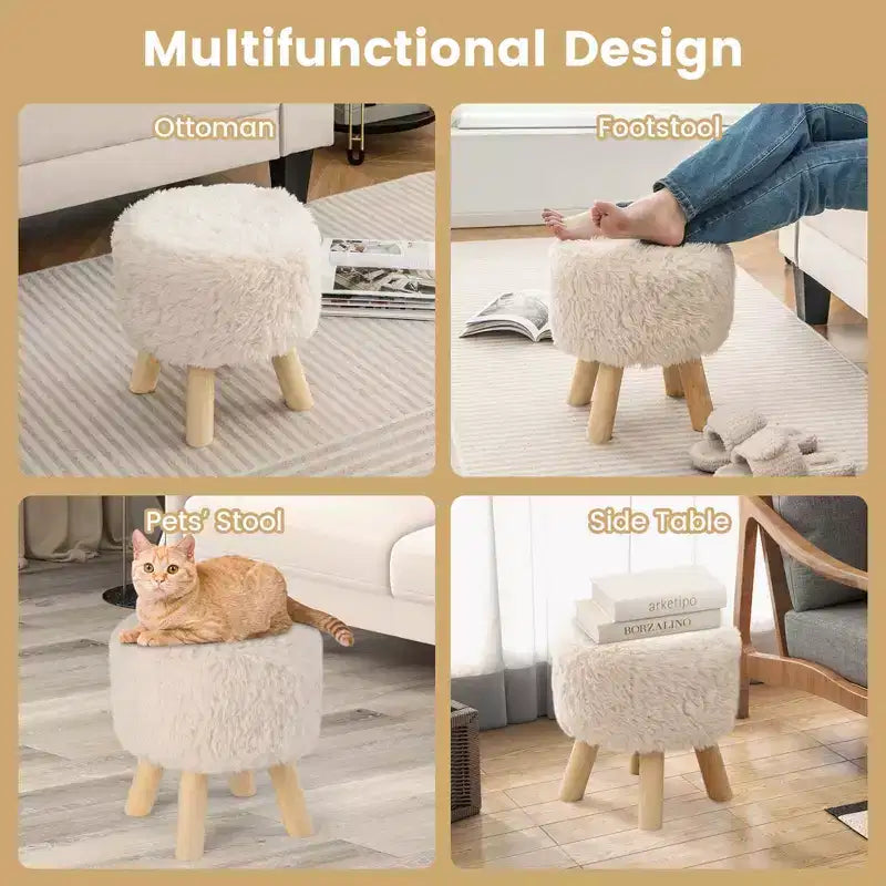 Costway Pouf Rond en Fausse Fourrure Rembourré avec Siège capitonné Blanc