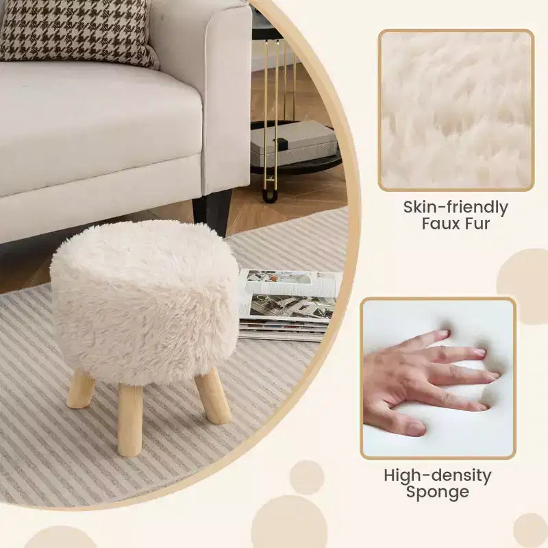 Costway Pouf Rond en Fausse Fourrure Rembourré avec Siège capitonné Blanc
