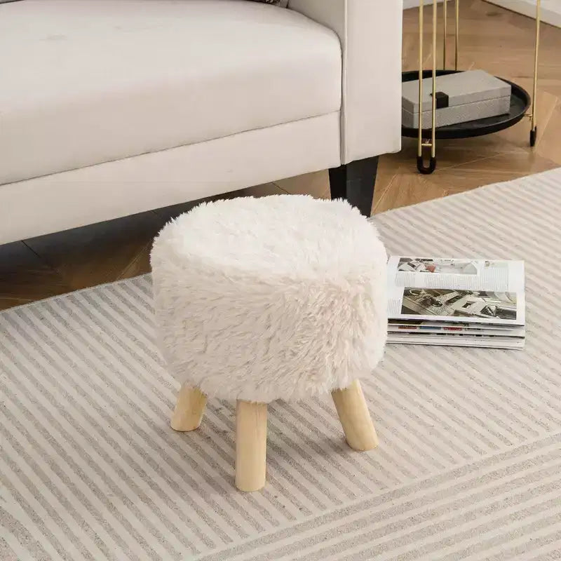 Costway Pouf Rond en Fausse Fourrure Rembourré avec Siège capitonné Blanc