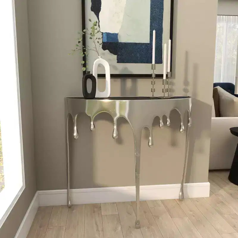 Olivia & May Aluminum Drip Console Table with Melting Designed Legs and Shaded Glass Top