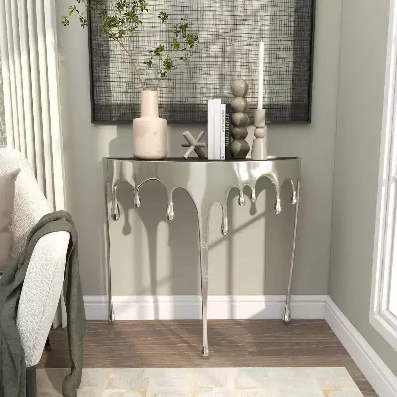 Olivia & May Aluminum Drip Console Table with Melting Designed Legs and Shaded Glass Top