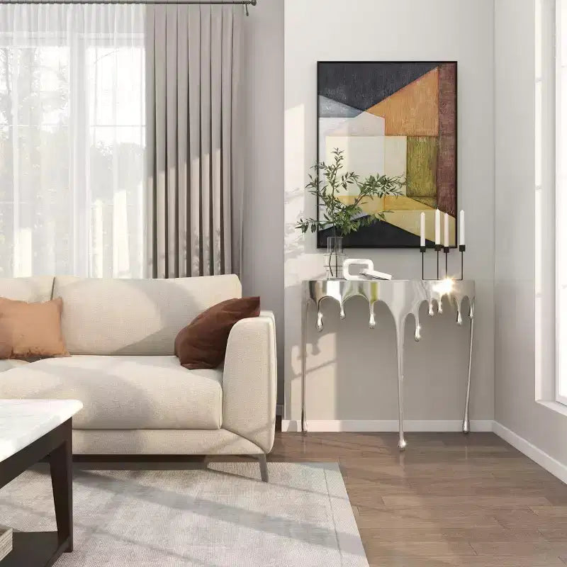 Olivia & May Aluminum Drip Console Table with Melting Designed Legs and Shaded Glass Top