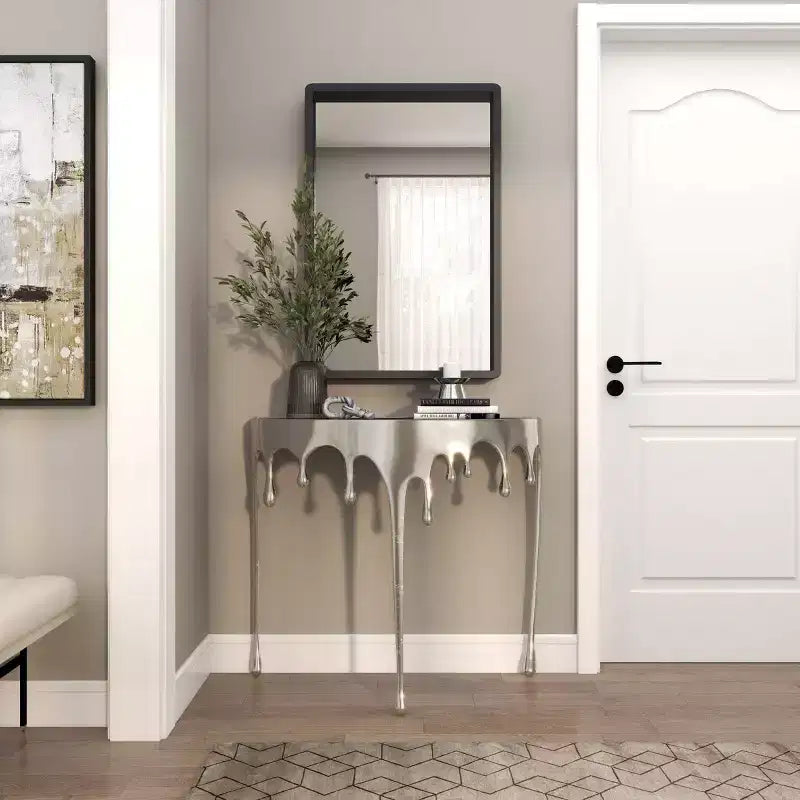 Olivia & May Aluminum Drip Console Table with Melting Designed Legs and Shaded Glass Top