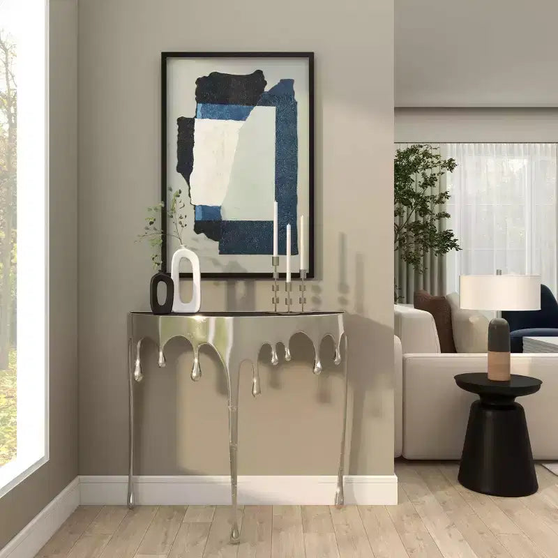 Olivia & May Aluminum Drip Console Table with Melting Designed Legs and Shaded Glass Top