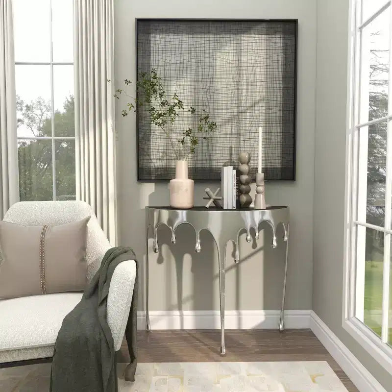 Olivia & May Aluminum Drip Console Table with Melting Designed Legs and Shaded Glass Top
