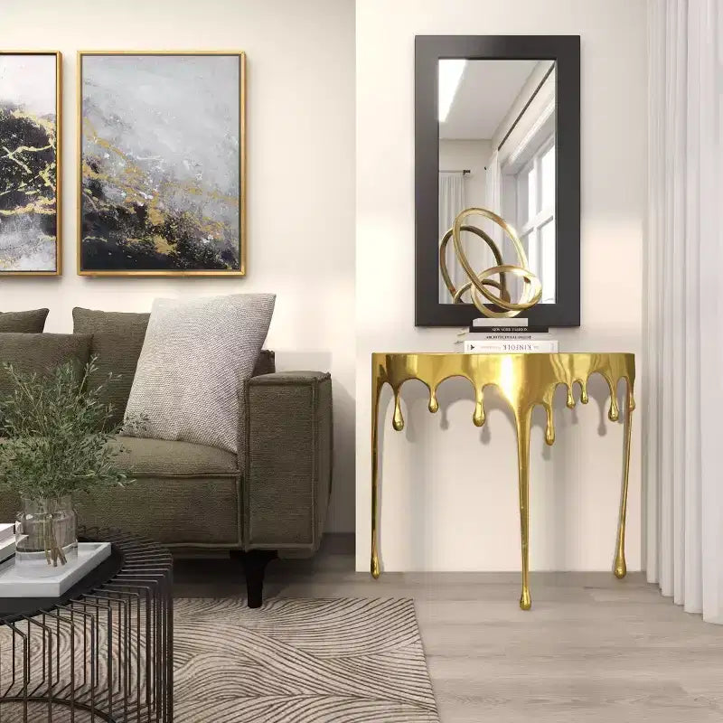 Olivia & May Aluminum Drip Console Table with Melting Designed Legs and Shaded Glass Top