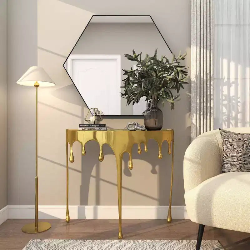 Olivia & May Aluminum Drip Console Table with Melting Designed Legs and Shaded Glass Top