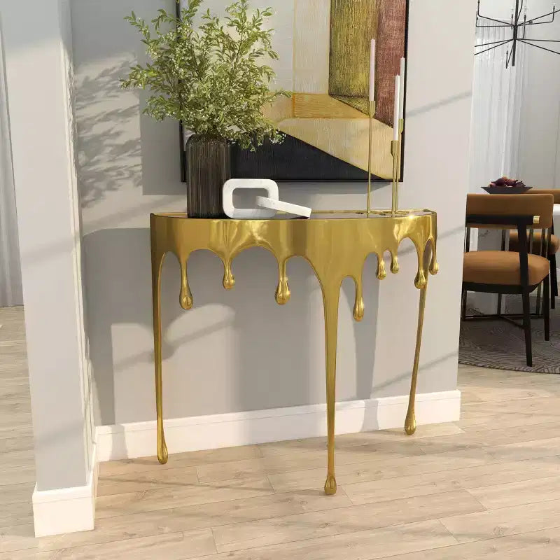 Olivia & May Aluminum Drip Console Table with Melting Designed Legs and Shaded Glass Top