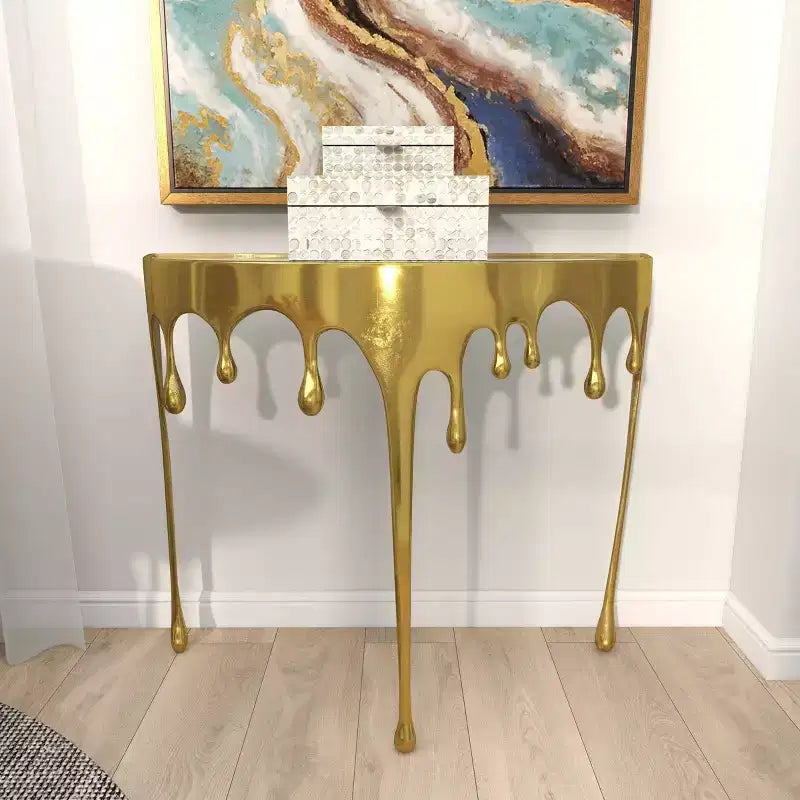 Olivia & May Aluminum Drip Console Table with Melting Designed Legs and Shaded Glass Top