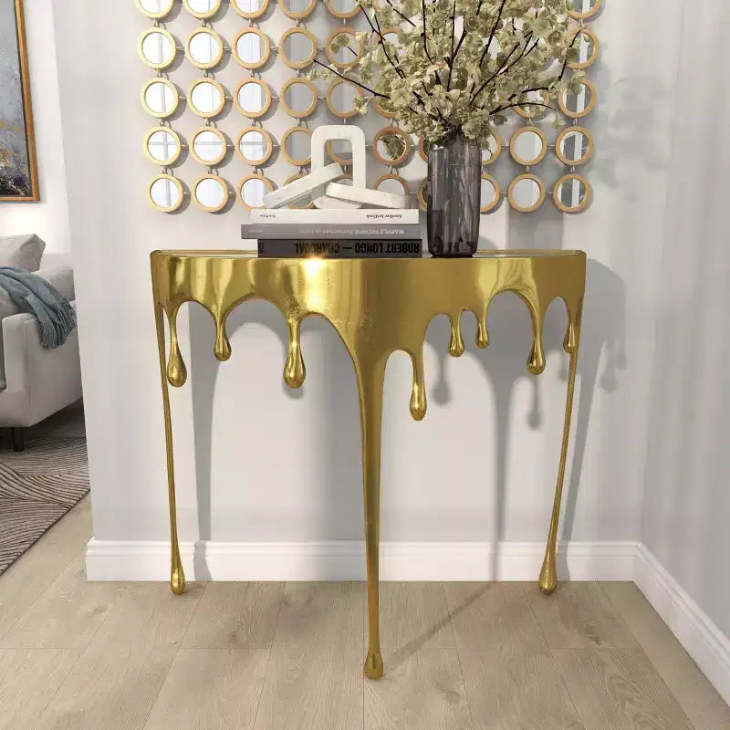 Olivia & May Aluminum Drip Console Table with Melting Designed Legs and Shaded Glass Top