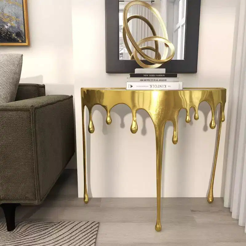 Olivia & May Aluminum Drip Console Table with Melting Designed Legs and Shaded Glass Top