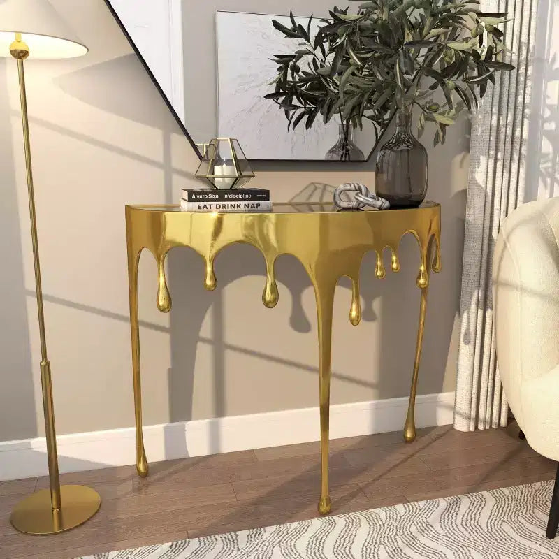 Olivia & May Aluminum Drip Console Table with Melting Designed Legs and Shaded Glass Top