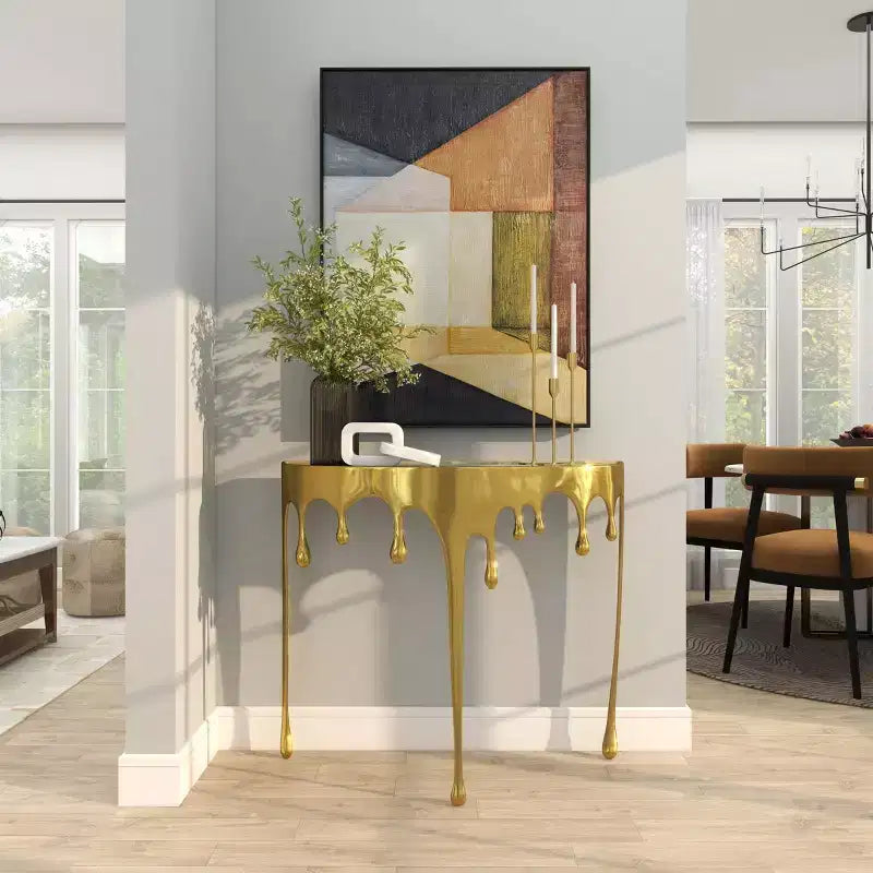 Olivia & May Aluminum Drip Console Table with Melting Designed Legs and Shaded Glass Top