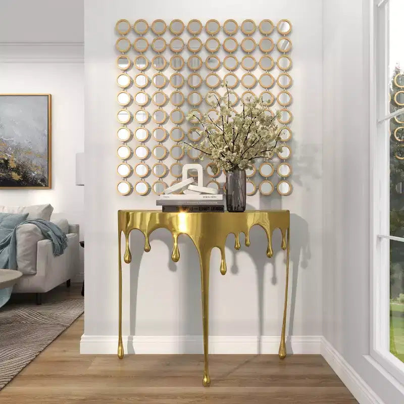 Olivia & May Aluminum Drip Console Table with Melting Designed Legs and Shaded Glass Top