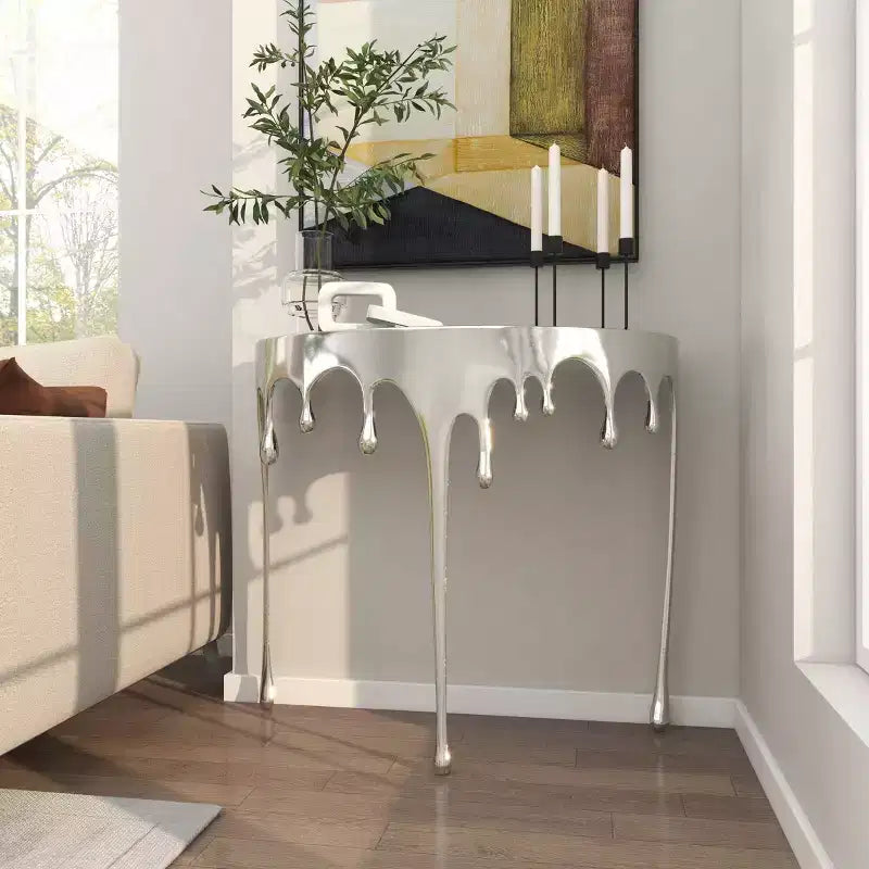 Olivia & May Aluminum Drip Console Table with Melting Designed Legs and Shaded Glass Top