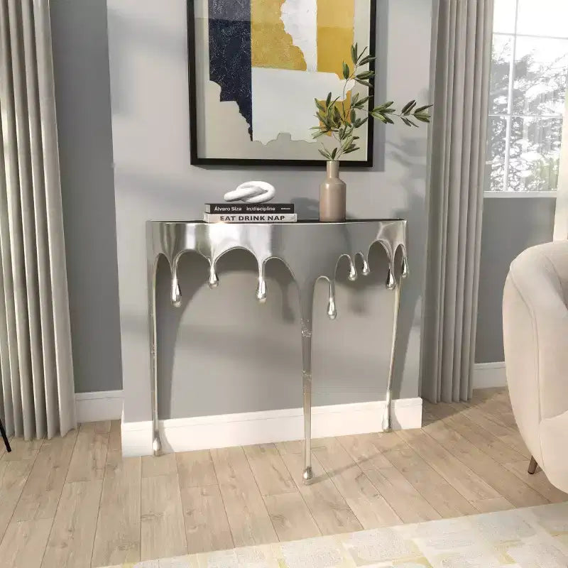 Olivia & May Aluminum Drip Console Table with Melting Designed Legs and Shaded Glass Top