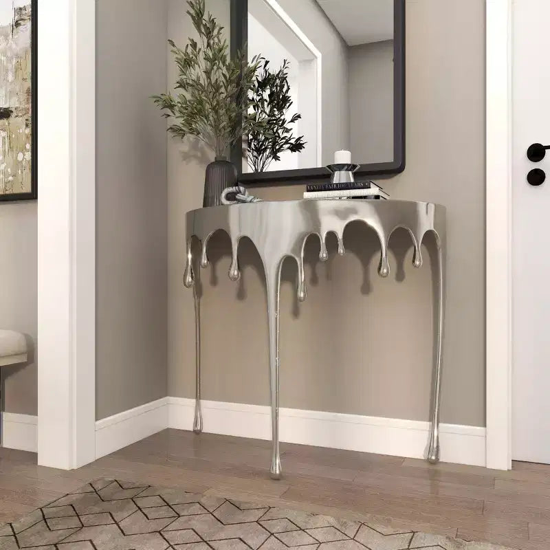 Olivia & May Aluminum Drip Console Table with Melting Designed Legs and Shaded Glass Top
