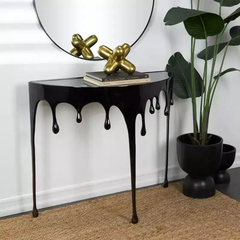 Olivia & May Aluminum Drip Console Table with Melting Designed Legs and Shaded Glass Top