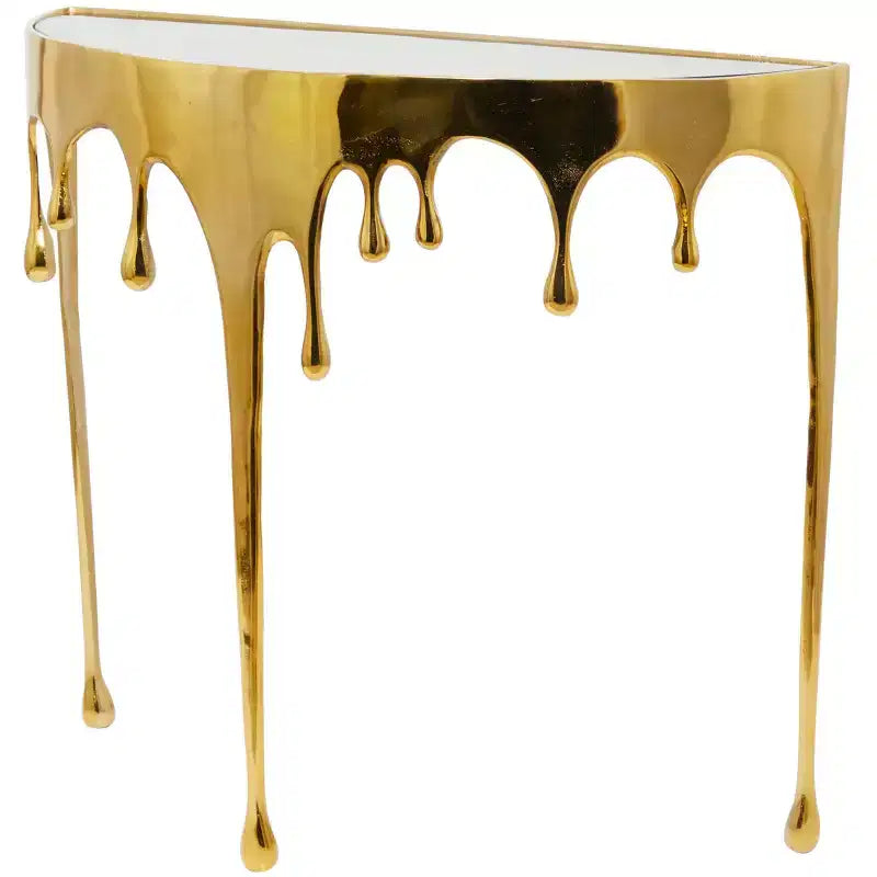 Olivia & May Aluminum Drip Console Table with Melting Designed Legs and Shaded Glass Top