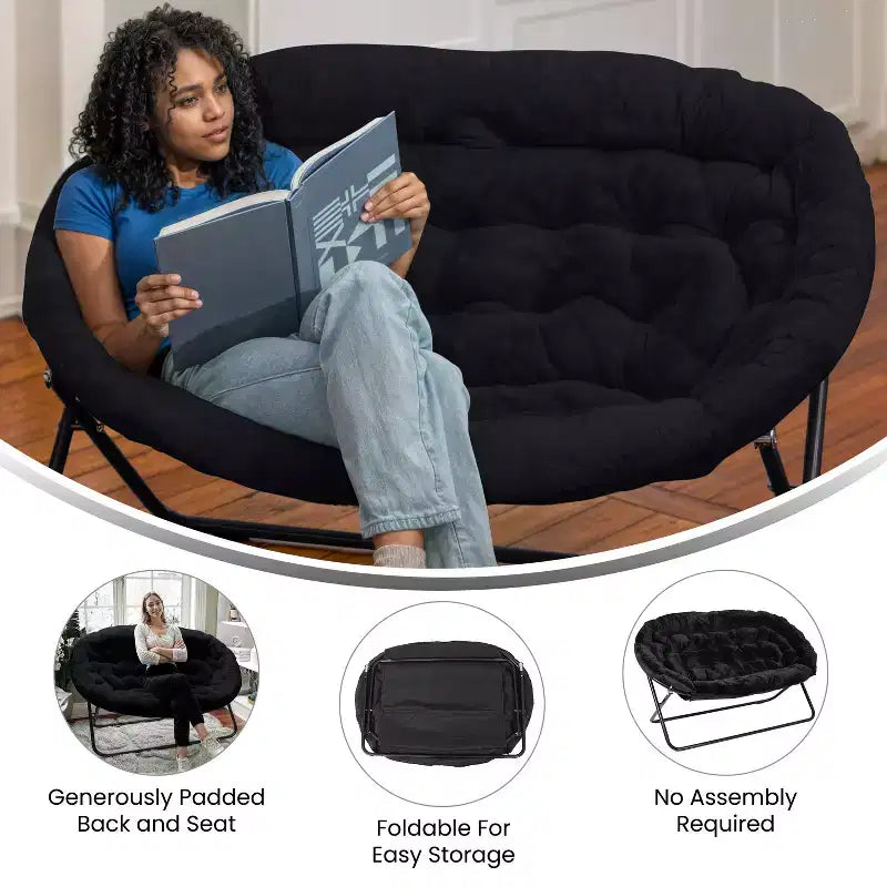 Flash Furniture Eleanor Portable Folding Upholstered Double Saucer Chair with a Steel Frame for Dorm, Living Room, or Bedroom