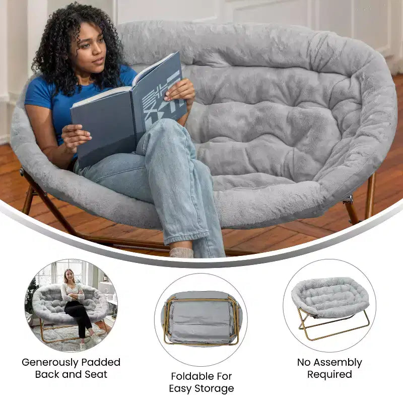 Flash Furniture Eleanor Portable Folding Upholstered Double Saucer Chair with a Steel Frame for Dorm, Living Room, or Bedroom