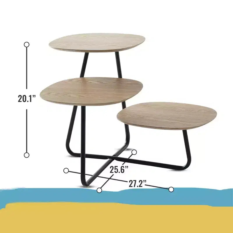 LeisureMod 3-Tier Multi-Level Coffee Table - White Wood Grain & Black Metal