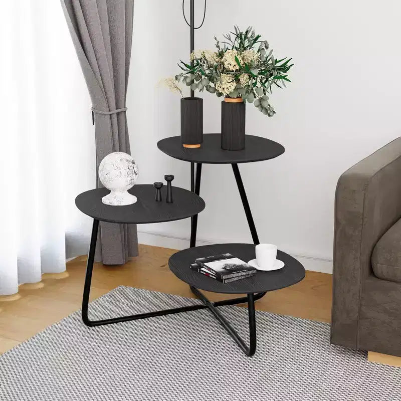 LeisureMod 3-Tier Multi-Level Coffee Table - White Wood Grain & Black Metal
