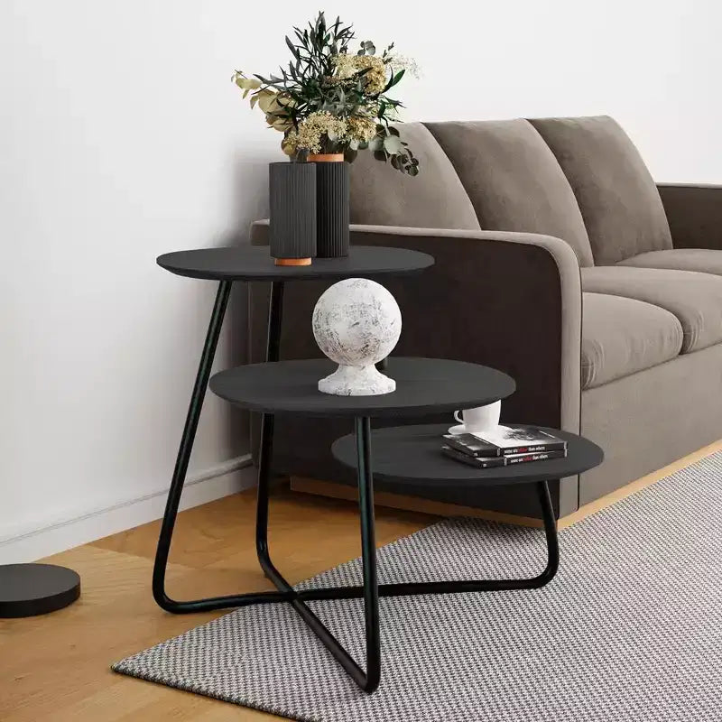 LeisureMod 3-Tier Multi-Level Coffee Table - White Wood Grain & Black Metal
