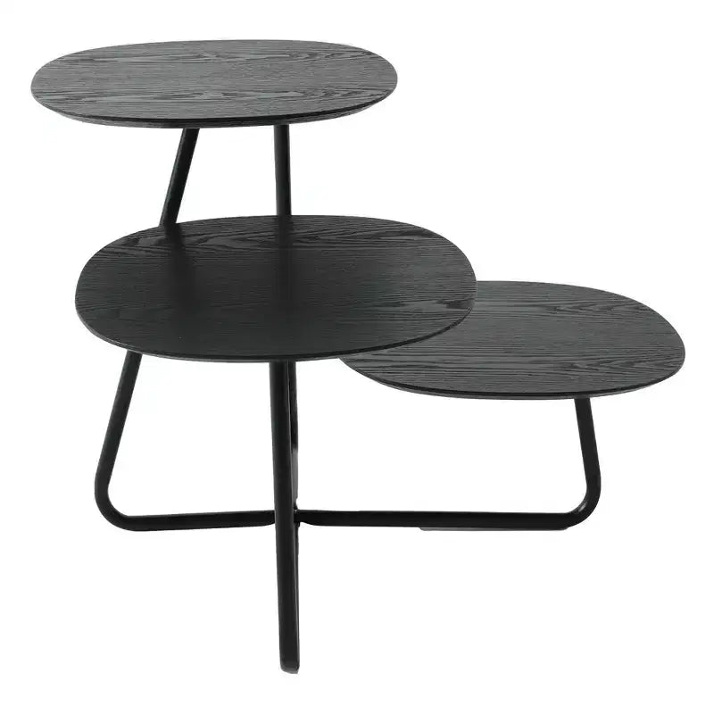 LeisureMod 3-Tier Multi-Level Coffee Table - White Wood Grain & Black Metal