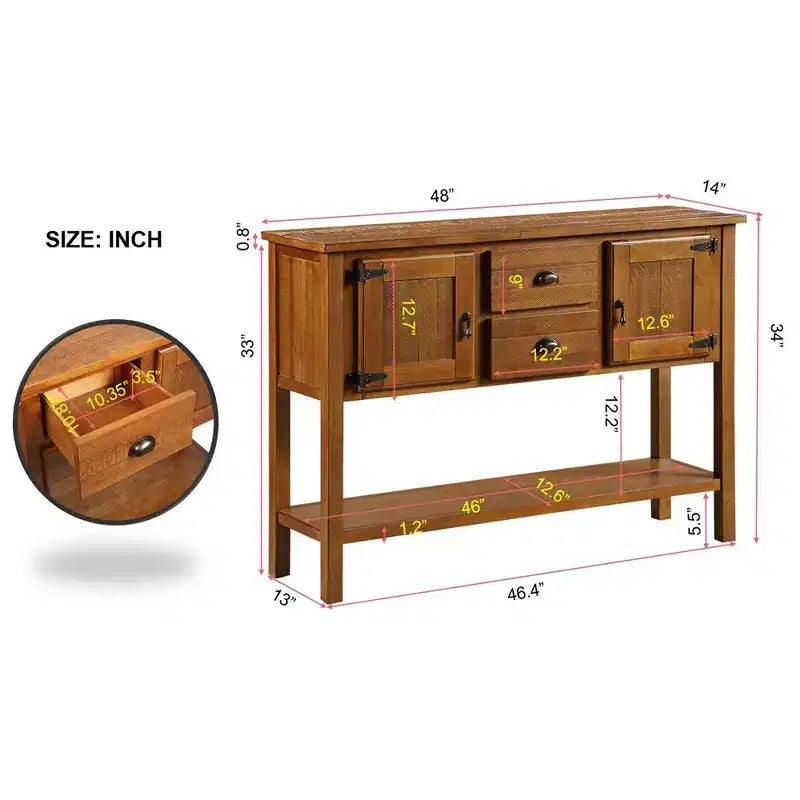 48 Inch Farmhouse Console Table, Entry Table with 2 Drawers and Cabinets, Solid Wood Sofa Table with Shelves