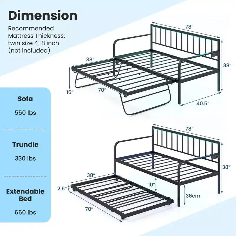 Costway Twin Daybed Adjustable Sofa Bed Frame with Charging Station & LED Lights