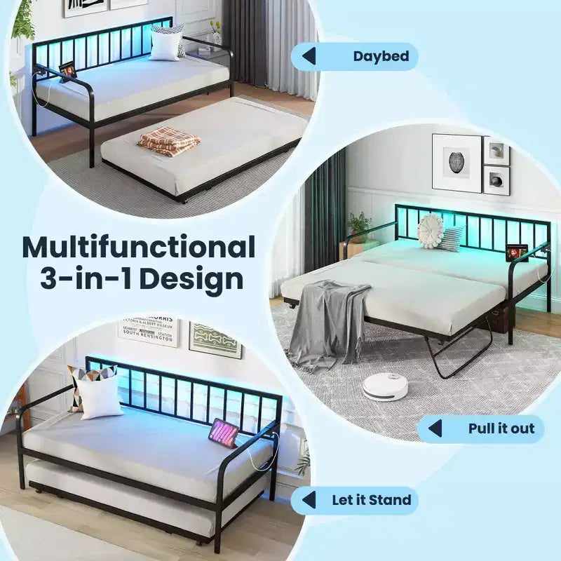 Costway Twin Daybed Adjustable Sofa Bed Frame with Charging Station & LED Lights