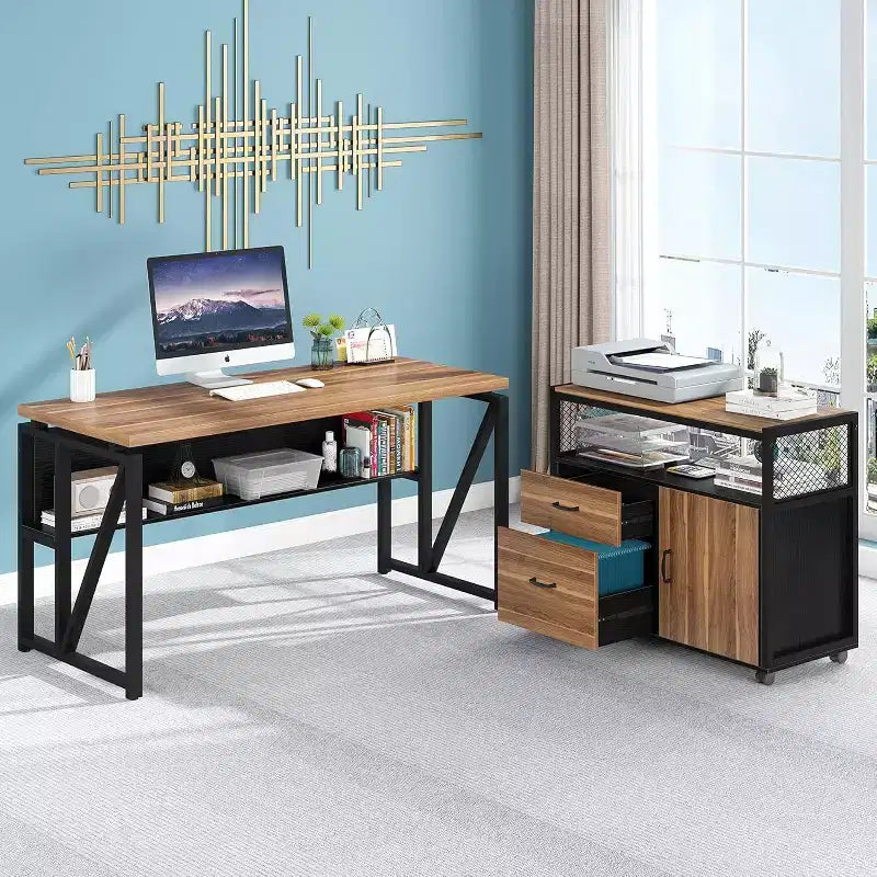 Lantine 55-inch L Shaped Desk with Drawer Cabinet, Executive Computer Desk for Home Office