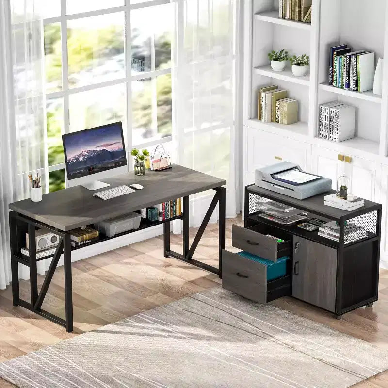 Bureau d'angle en L de 55 pouces avec armoire à tiroirs, bureau d'ordinateur de direction pour bureau à domicile