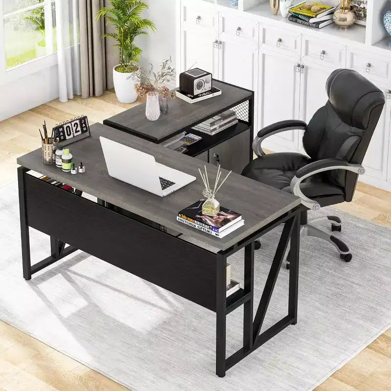 Bureau d'angle en L de 55 pouces avec armoire à tiroirs, bureau d'ordinateur de direction pour bureau à domicile