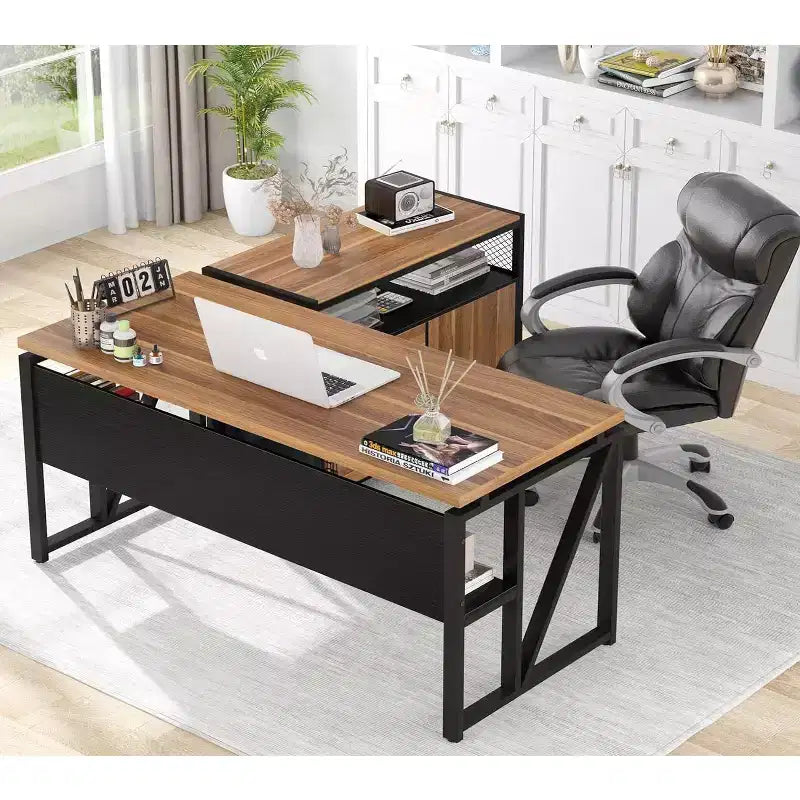 Bureau d'angle en L de 55 pouces avec armoire à tiroirs, bureau d'ordinateur de direction pour bureau à domicile
