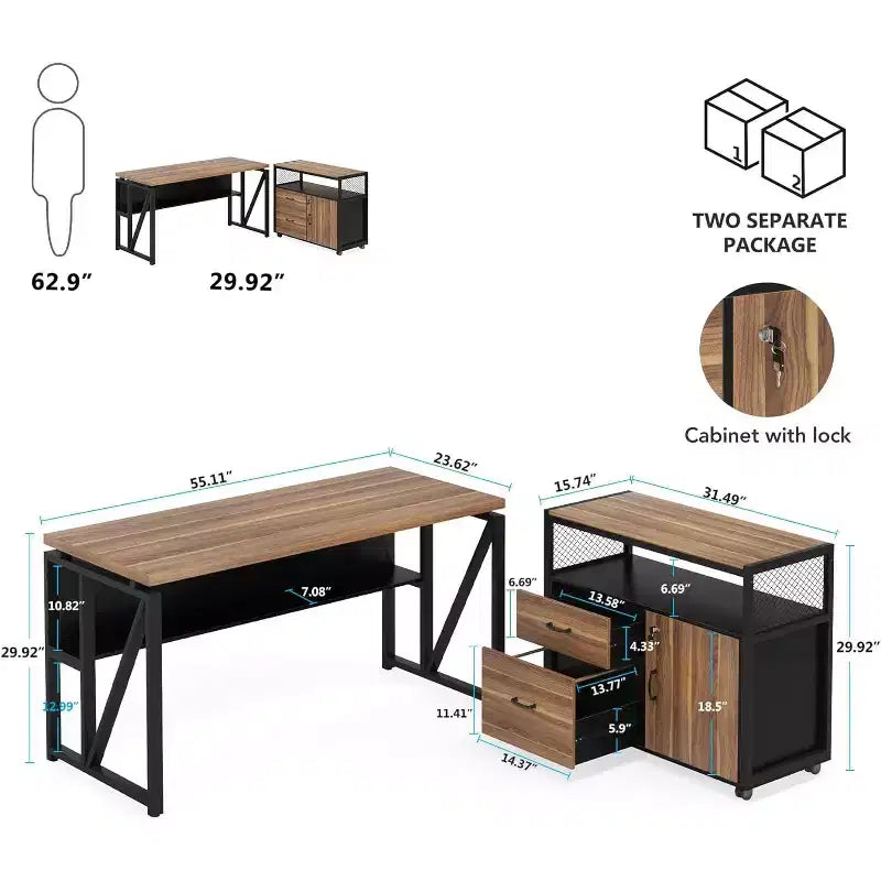 Bureau d'angle en L de 55 pouces avec armoire à tiroirs, bureau d'ordinateur de direction pour bureau à domicile