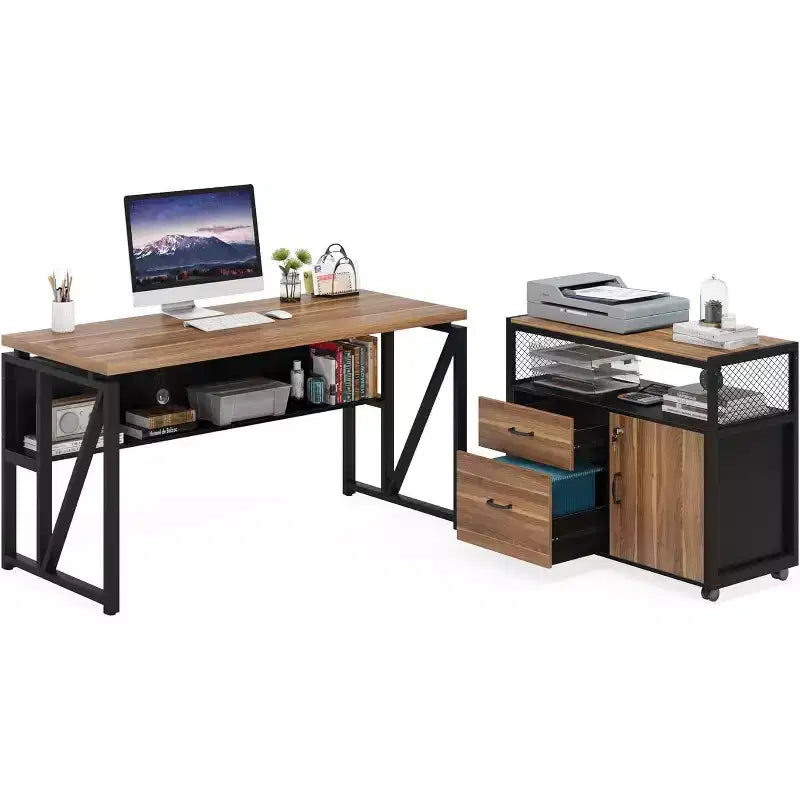 Bureau d'angle en L de 55 pouces avec armoire à tiroirs, bureau d'ordinateur de direction pour bureau à domicile