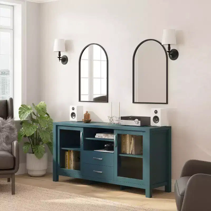 Flash Furniture Dion Modern Kitchen and Dining Room Buffet Sideboard Storage Cabinet, Engineered Wood with 2 Tempered Glass Doors, 2 Drawers, Open Shelf