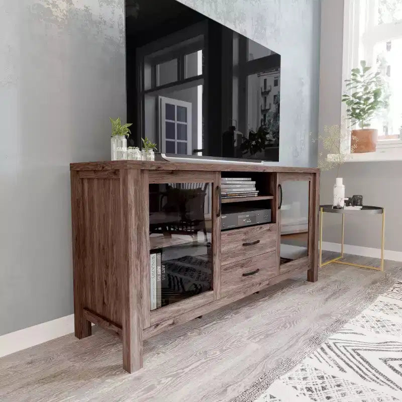 Flash Furniture Dion Modern Kitchen and Dining Room Buffet Sideboard Storage Cabinet, Engineered Wood with 2 Tempered Glass Doors, 2 Drawers, Open Shelf