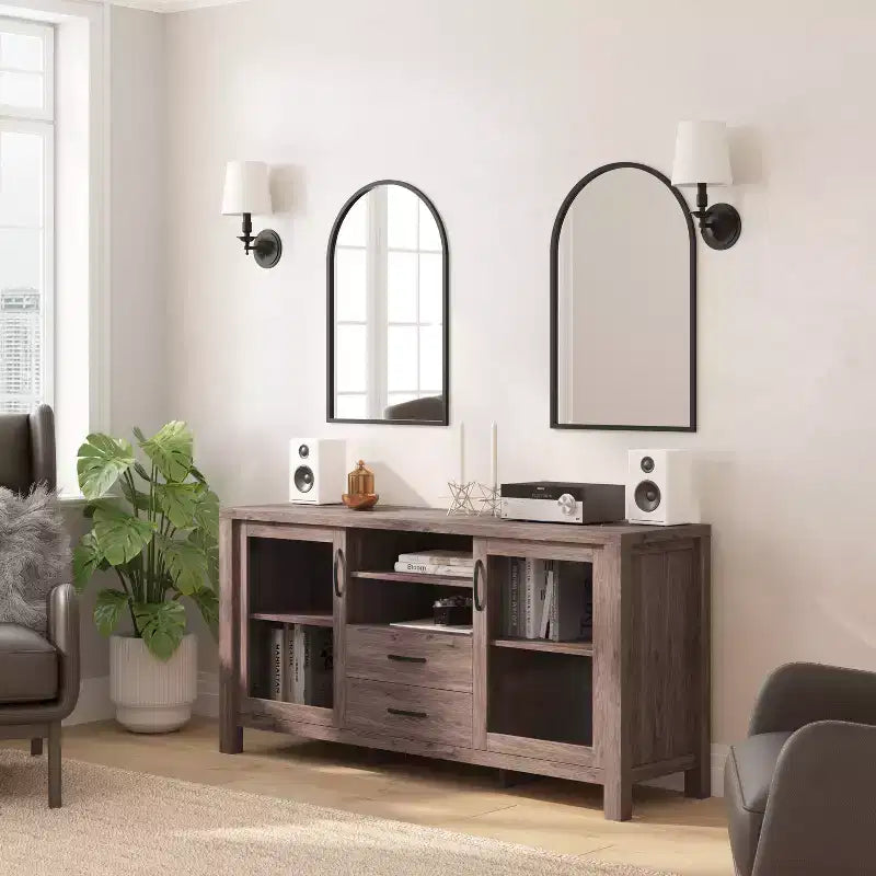 Flash Furniture Dion Modern Kitchen and Dining Room Buffet Sideboard Storage Cabinet, Engineered Wood with 2 Tempered Glass Doors, 2 Drawers, Open Shelf