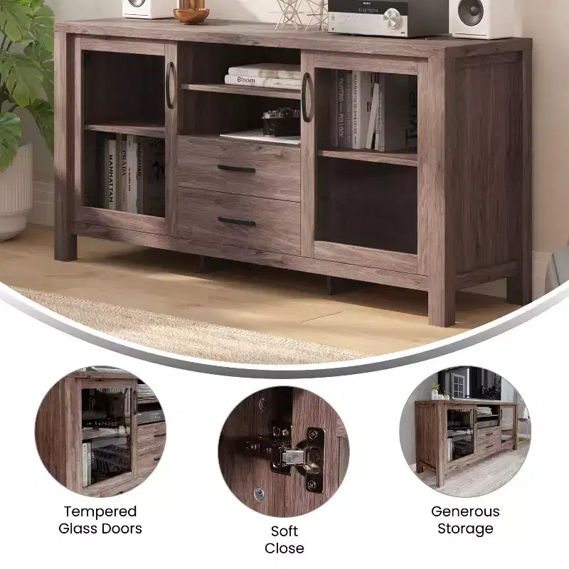Flash Furniture Dion Modern Kitchen and Dining Room Buffet Sideboard Storage Cabinet, Engineered Wood with 2 Tempered Glass Doors, 2 Drawers, Open Shelf
