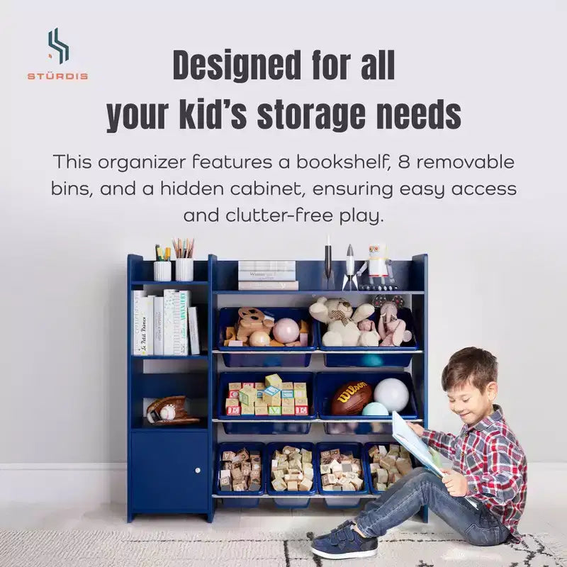 Sturdis Kids Toy Storage Organizer with Bookshelf and 8 Toy Bins