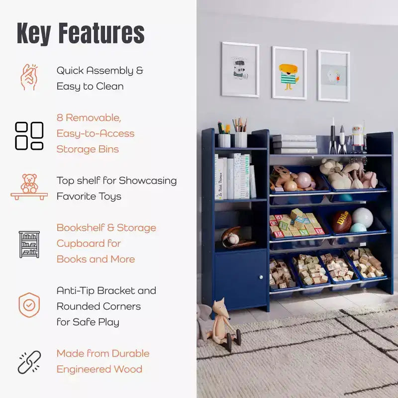 Sturdis Kids Toy Storage Organizer with Bookshelf and 8 Toy Bins