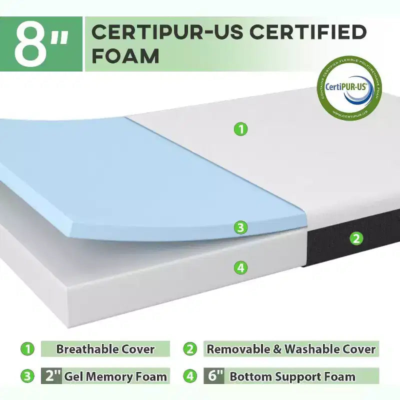 FDW 8 Inch Cooling Gel Memory Foam Mattress Medium Firm Mattress Queen Size Mattress Fiberglass Free CertiPUR US Certification